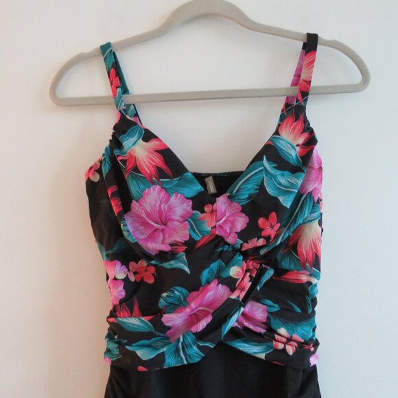 LAND'S END Tropical Floral Ruched Slimming One Piece Swimsuit Black Pink - Sz 14 - Picture 3 of 15